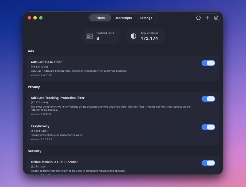 #广告拦截 #iOS #开源 wBlock Safari 广告拦截工具，支持大容量规则集，macOS 上可加载约 75 万条规则，iOS 上约 50 万条，支持广告、追踪器与恶意软件屏蔽、一键去除 Cookie 横幅或订阅弹窗、用户脚本注入、站点开关、自定义过滤器列表、白名单管理、日志查看等功能，适用于 macOS 与 iOS／iPadOS 平台
