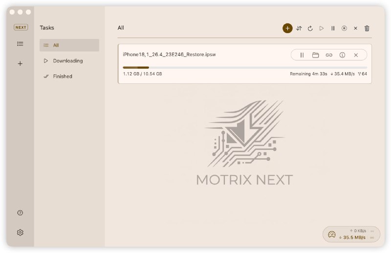 #下载 #开源 Motrix Next 基于 Motrix 重新构建的下载管理器，相比旧版显著降低内存占用与安装体积，完整程序仅约 20MB，支持 HTTP、FTP、BitTorrent、磁力链接、Metalink 等多种协议，并提供多线程分段下载、上传下载限速、任务调度、断点续传与代理设置等能力，支持选择性下载、DHT、Peer Exchange、Tracker 管理与加密连接，免费开源，适用于 Windows、macOS 与 Linux 系统
