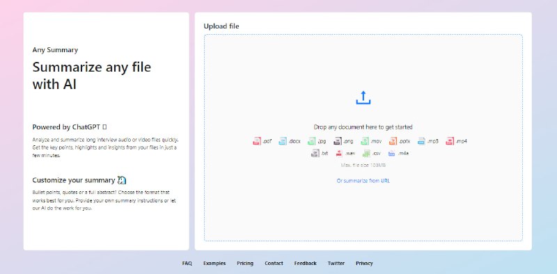 #AI #总结 #web Any Summary 一个基于 ChatGPT 的 AI 总结工具，支持音频、视频、PDF、docx、pptx 等格式文件，也可以提供文件 URL，如 YouTube 链接