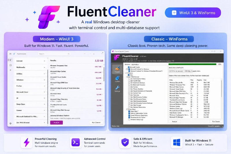 #Windows #开源▎FluentCleaner：面向 Windows 11 的开源垃圾清理工具FluentCleaner 是一款采用 WinUI 3 开发的 Windows 清理工具，界面延续 Windows 11 的 Fluent Design 风格，支持扫描和清理系统临时文件、浏览器缓存、应用残留、NuGet 缓存及 Intel、NVIDIA 显卡着色器缓存等内容