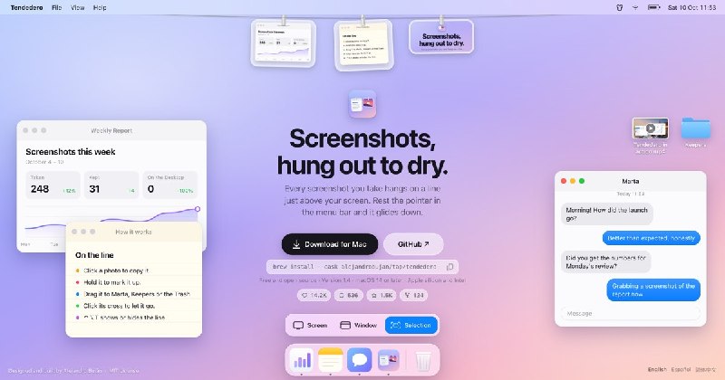 #开源 #macOS #工具🎽 Tendedero：把截图当衣服晾起来，这个 Mac 小工具挺有意思⬇️ 下载页面可以把截图像晾衣服一样挂在屏幕顶部，鼠标移到菜单栏就会展开，移开后自动收起