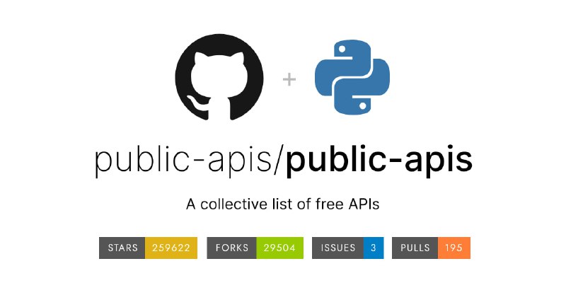 #API #开发 #开源 Public APIs 公共接口 全网公开 API 合集，主要用于软件和 web 开发，内容非常全面，涉及动画、设计、加密货币、商业、游戏、健康等领域，按照字母排序