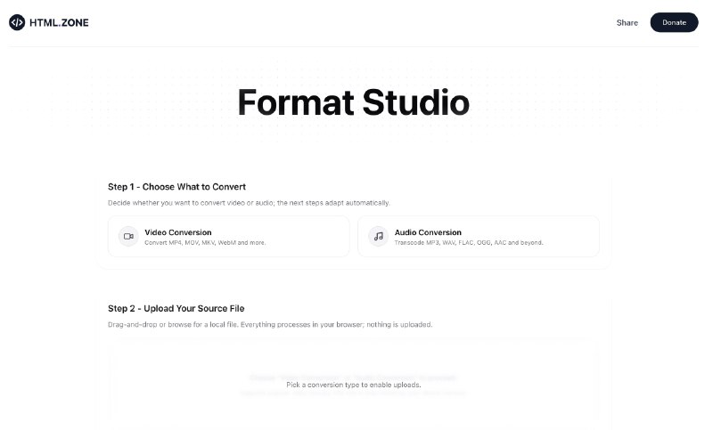Format Studio 现已集成在 HTML.ZONE在浏览器内完成音视频格式转换，隐私优先，无需服务端和 WASM