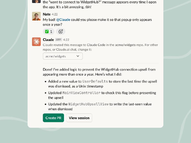 Anthropic 正在将 Claude Code 集成到 Slack 中当你在 Slack 中 @Claude 时，它会自动扫描你的消息，识别出需要编码的任务并将其发送到 Claude Code