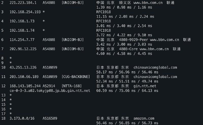 北京 9929 用户不用特意买什么小鸡了，都来薅 AWS CloudFront 吧（附图是到 CFT 港日新路由）#北京 #联通北京 9929 用户不用特意买什么小鸡了，都来薅 AWS CloudFront 吧（附图是到 CFT 港日新路由）#北京 #联通