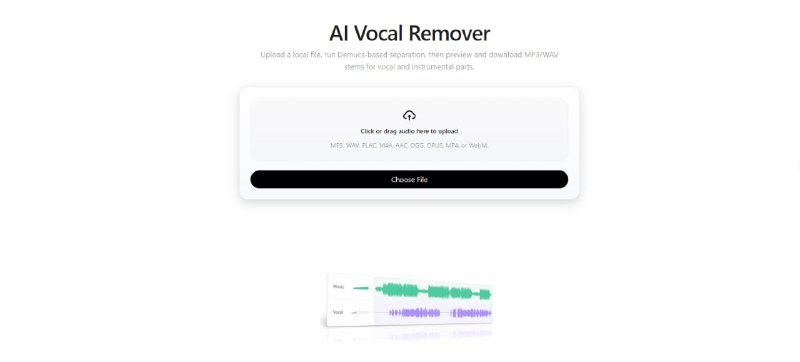 #伴奏 #音频 AI Vocal Remover 在线 AI 人声分离工具，可将歌曲中的人声与伴奏分离，支持 MP3、WAV、FLAC、M4A、AAC、OGG、OPUS、MP4、WebM 等多种音视频格式，上传文件后会在云端进行处理，支持在线试听效果，并可在一小时内保存为 MP3 和 WAV 格式，免费使用，无需注册