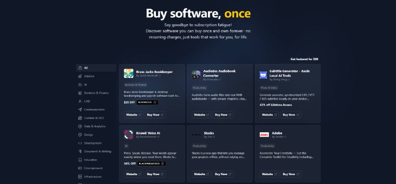 #软件 Buy Once Software 一次性付费软件收集站，主要收录国外软件，可按需查找支持一次付费、终身使用的软件，相比越来越普遍的订阅制，这类软件无需持续支付月费，对于不喜欢长期订阅的用户更友好