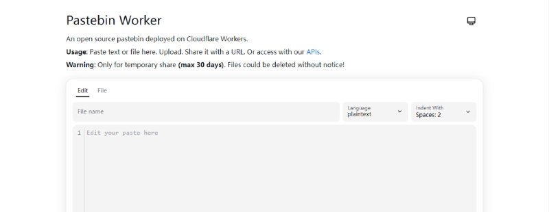 #文件传输 #短链接 #开源 Pastebin Worker 基于 Cloudflare Workers 的开源 Pastebin 服务，提供短文本与小文件的快速上传分享，支持自定义 URL、设置密码保护、指定过期时间，并能直接覆盖更新已存在内容，最长支持上传 25MB 内容（受 Cloudflare KV/R2 限制），免费开源，无需注册