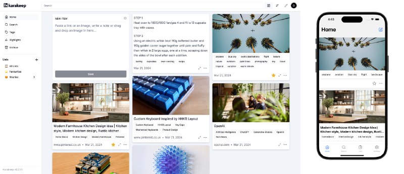 #书签 #开源 Karakeep 网络书签与资料整理工具，可自托管保存链接、笔记、图片、PDF 等多种形式的内容，支持从浏览器插件一键保存、全面全文搜索、AI 自动生成标签与内容摘要、规则引擎自动组织收藏项、OCR 提取图片文字、视频/网页完整归档防止失效链接等，还可将收藏内容分入自定义列表、从其它服务（如 Chrome 书签、Pocket）导入、与浏览器书签同步，并可通过 REST API 和多客户端调用，免费开源