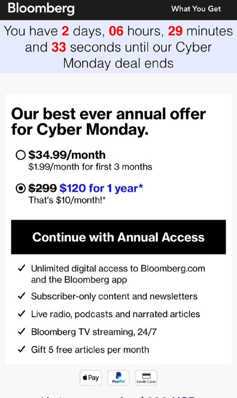 Bloomberg Cyber Monday Deal: $120 for 1 year*，网页端支持PayPal🗒 标签: #Bloomberg #彭博社📢 频道: @GodlyNews1🤖 投稿: @Godlynewsbot