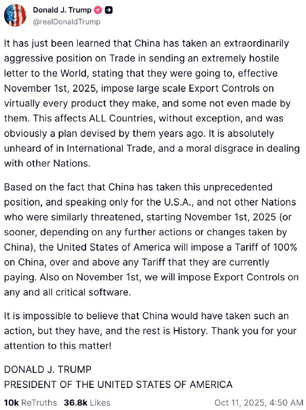 WSJ：特朗普将对中国加征100%关税，理由是中国限制稀土元素继中国全面限制稀土矿出口后，特朗普总统周五表示，他将对中国加征 100%的关税，并对关键软件产品实施新的出口管制