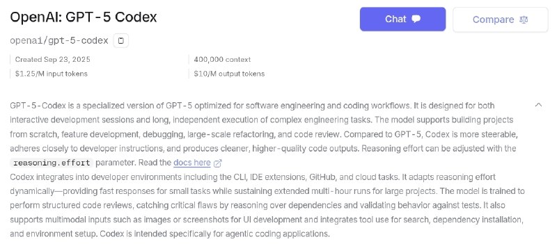OpenAI API 新增GPT-5 Codex模型OpenAI在此前发布GPT-5-Codex模型时表示，计划很快在API中提供GPT-5-Codex，现在OpenAI已经更新博客文章，用户可以通过API使用GPT-5 Codex，GPT‑5 Codex的价格与GPT‑5相同