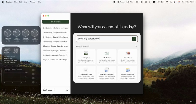 #AI #自动化 #macOS #开源 Openwork AI 桌面助手与自动化工具，可执行各种文件操作和实际任务，包括浏览器自动化、文件重命名/移动/排序、文件夹整理、内容摘要、文档生成、基于会议笔记创建日历安排等，使用需配置 API 密钥（OpenAI、Anthropic、Google、xAI）或通过 Ollama 运行本地模型，数据完全本地化处理，免费开源，无需注册