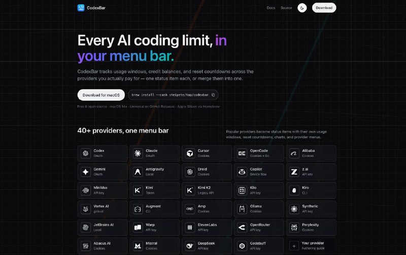 #互联网观察▎CodexBar：把 AI 编程工具的额度、余额和重置时间放进 macOS 菜单栏现在很多开发者会同时使用 Codex、Claude、Cursor、Gemini、Copilot、OpenRouter 等 AI 编程工具