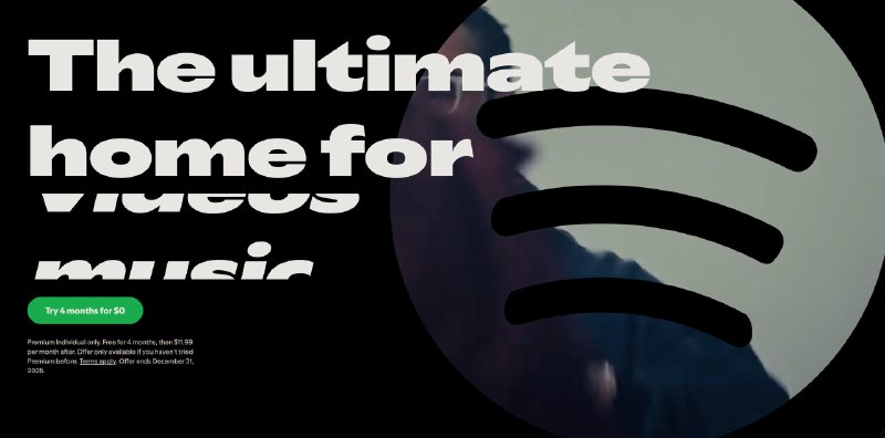 免费试用4个月，美区Spotify Premium个人版仅限未尝试过Premium权益的帐号，可搭配美区Paypal 领取试用