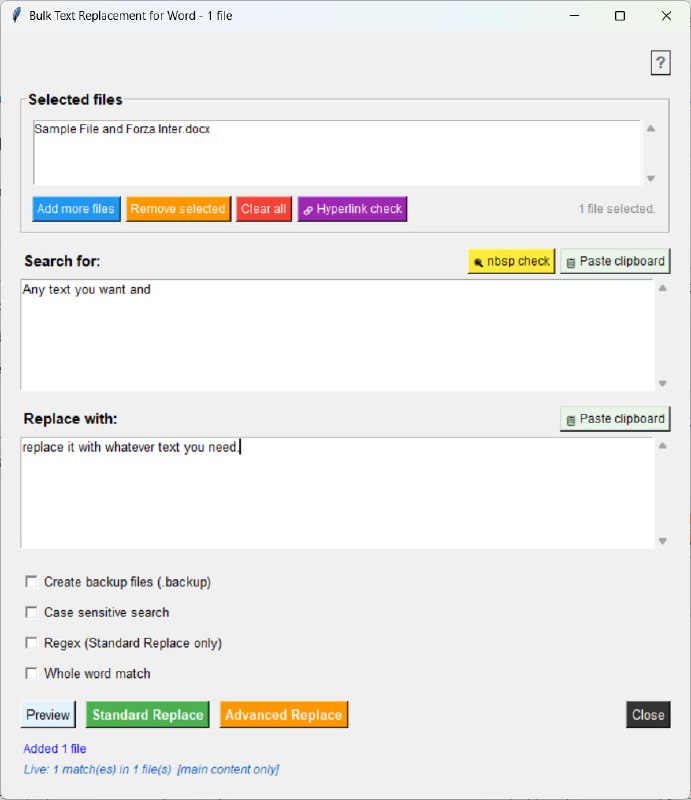 #Word #文本替换 #开源 Bulk Text Replacement for Word Word 文档批量文本替换工具，可同时处理多个 DOCX 文件，能够安全替换正文、超链接、文本框、页眉、页脚等位置的内容，并提供 Diff 预览、实时匹配计数、多文件批量处理等功能，标准模式速度较快且可保留原有格式，高级模式则借助 Word COM 自动化实现更全面的替换能力，单文件免安装即可运行，免费开源