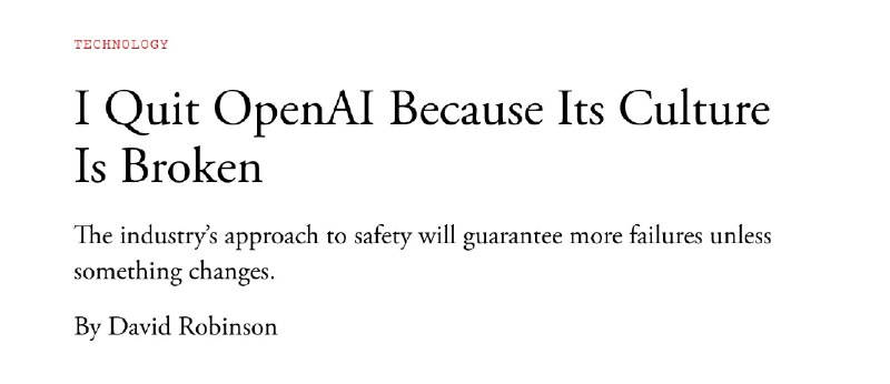一名 OpenAI 安全员工在辞职后发出警告David Robinson曾在 OpenAI 负责撰写安全报告，如今他直言公司的文化“已经崩坏”David Robinson 曾负责撰写 OpenAI 发布重要模型时随附的安全报告
