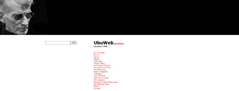 #艺术 #存档 #web UbuWeb 一个艺术作品库，成立于 1996 年，包含了数十万个前卫作品，如音乐、诗歌、广播剧、电影甚至是教学课程，致力于文化艺术和知识材料的自由传播，永久免费，无广告，无需注册