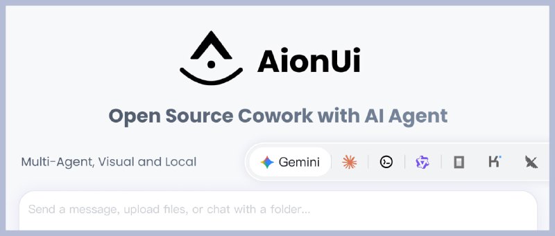 #AI #CLI #客户端 #开源 AionUi 命令行 AI 工具的图形化界面客户端，以直观的聊天界面替代传统终端交互，支持多会话并行、永久本地历史存储、智能文件批处理、Excel 处理与文件内容分析、以及 AI 图像生成与编辑等功能，支持 Gemini CLI、Claude Code、Qwen Code、Codex 等平台，且可自动识别本地 CLI 工具，所有对话和文件都保存在本地，免费开源，适用于 Windows、macOS、Linux 系统