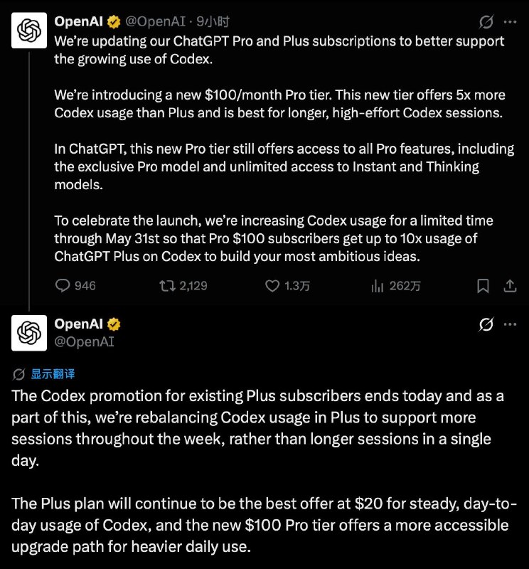 ChatGPT 新增每月 $100 的 Pro 订阅，提供5倍于Plus的的 Codex 使用量🔗 