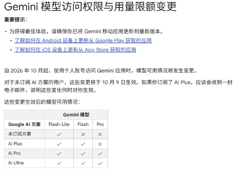 10月9日起，Gemini app的免费用户仅能使用Flash-Lite模型Google的Gemini应用帮助中心显示，自2026年10月起，使用个人账号访问Gemini应用时，模型可用情况将发生变更