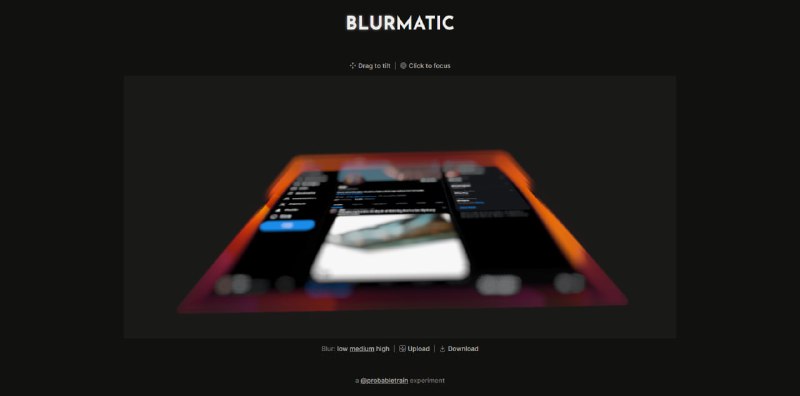 #图片 #景深 Blurmatic 一个图片景深模糊工具，支持拖拽旋转 3D 视角、调整模糊强度、切换镜头焦点位置，实现快速模拟景深效果，对图片尺寸无限制，操作直观顺滑，免费使用，无需注册