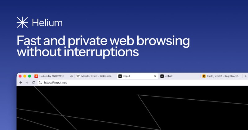 #浏览器 #开源 Helium 基于 Chromium 的开源桌面浏览器，默认已经启用屏蔽广告、追踪器、钓鱼网站及所有第三方 cookie，同时支持社区过滤规则和 uBlock Origin 集成，无需手动配置即可获得强大拦截能力，界面设计极简、资源消耗低、无内置密码管理或云历史同步，兼容 Chrome 扩展，且可一键导入书签和设置，适用于 Windows、macOS 和 Linux 平台
