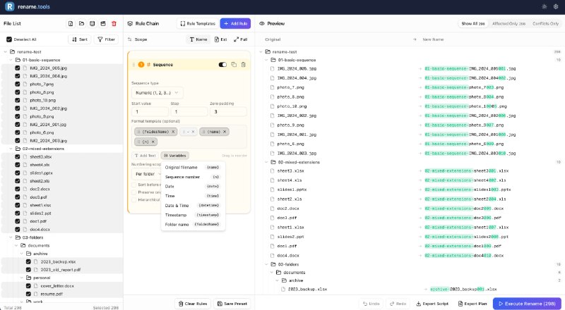 #重命名 #开源 Rename.Tools 网页端批量文件重命名工具，基于浏览器 File System Access API 实现，支持正则表达式、规则链、实时预览、元数据、剧集刮削等功能，所有数据在本地进行处理，还支持将重命名规则导出为 Bash 或 PowerShell 脚本，方便在其他环境中复用或批量执行，免费开源，无需注册