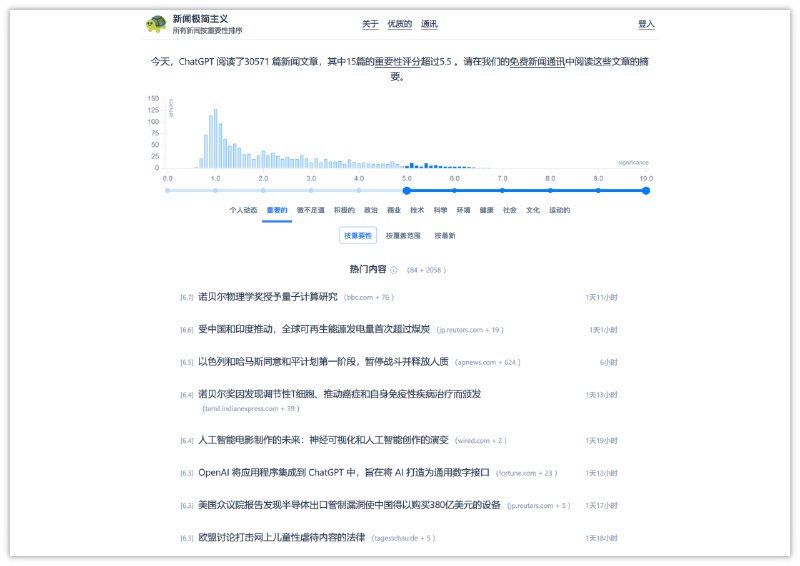 #AI #阅读 #网站 🆕 News Minimalist - 一个按重要性对新闻进行排名的新闻聚合站点网站使用 ChatGPT 每天分析约 30,000 篇新闻文章，然后给它们一个从 0 到 10 的重要性分数进行排序