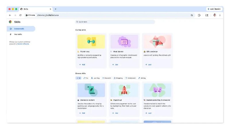 Google Chrome 新增 Skills 功能，提供官方技能库用户可以将常用的 AI 提示保存为“Skills”，并在不同网页上直接调用，无需每次重复输入