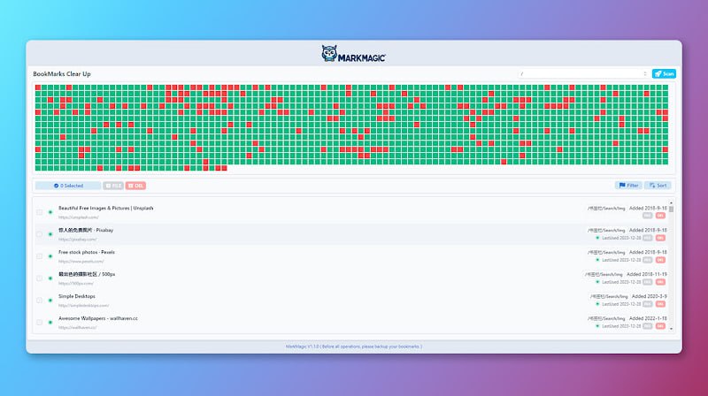 #插件 #书签 #检测 MarkMagic 浏览器书签管理插件，可一键检测链接有效性并按状态过滤，支持链接排序、归档与删除，速度与准确性表现出色，建议在删除前手动确认，链接收藏爱好者必备
