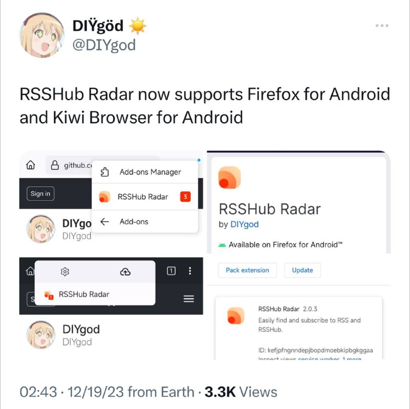 RSSHub Radar现已支持Android版Firefox和Android版Kiwi浏览器🗒 标签: #RSSHub 📢 频道: @GodlyNews1🤖 投稿: @Godlynewsbot