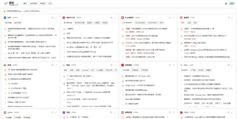 #热榜 #资讯 速知 社交平台热榜聚合，一站式浏览知乎、微博、掘金、虎扑、吾爱破解、少数派、哔哩哔哩、酷安、豆瓣、V2EX、抖音等平台，适合快速查看全网热门话题，可自定义榜单和调整顺序，无需注册
