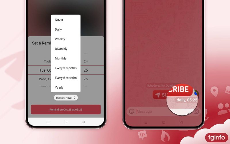Telegram Beta 支持定期重复发送消息在 Android Telegram 12.2.0 Beta 版中，用户可以设置定期重复发送消息
