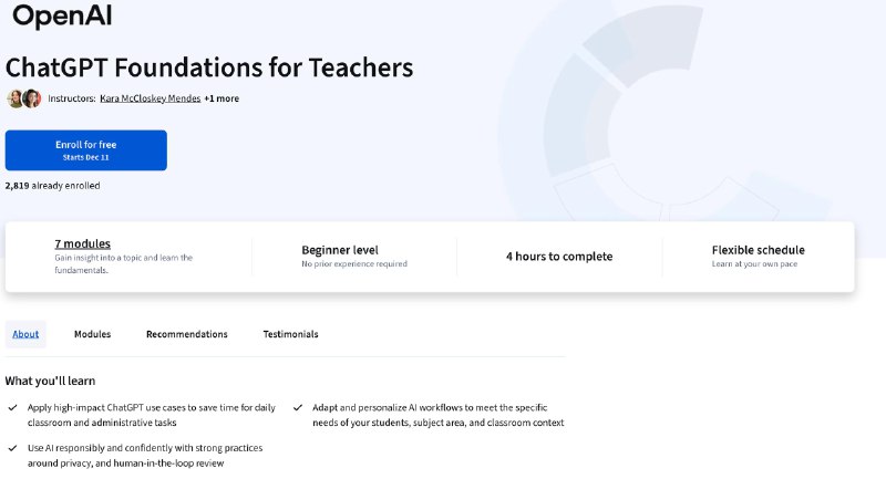 OpenAI 推出 ChatGPT技能证书， 以及4小时免费课程虽然免费课程主要面向教育工作者，但普通使用者也能从中受益OpenAI 与 Coursera 合作推出首个官方认证免费课程 ChatGPT Foundations for Teachers