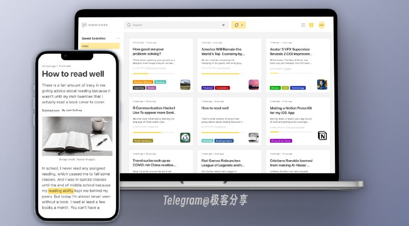 #开源 #阅读 #跨平台📖Omnivore - 一个免费开源的稍后读工具中文文档 | 开源地址 | 下载💡Features▫️支持保存网页链接、Newsletter 订阅、文档等▫️支持全平台包括浏览器插件▫️支持高亮、批注、标签、过滤、高级搜索、阅读进度等功能▫️支持中英文文本转语音朗读▫️支持Obsidian、Logseq、Readwise等知识库、笔记软件的集成▫️...📄进入网站注册登录，点击左下角「Add Link」即可开始享用，或者使用插件一键保存，移动端则分享可保存稍微体验了一下，对于我这种每日阅读量很大的人非常友好，而且界面美观，所有功能都可以免费用📮投稿    📢频道    💬群聊