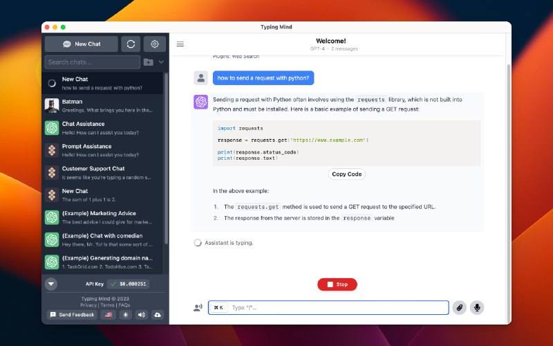 #ChatGPT #macOS #Apple🤖️Setapp 中的「TypingMind」现已支持 GPT-4 Turbo！GPT-4 Turbo 支持 128k token，相较之前内置的 8k token 有质的提升最重要的是 Setapp 的价格是 9.99 刀每个月，享受多个付费应用的同时，还享受GPT-4 的 10 刀额度Setapp 是一个 Apple 生态下的应用商店软件，类似于 App Store，采用订阅制，订阅期间内可以免费使用 Setapp 内的所有软件，目前有 240+ 个🎁使用此链接第一次订阅之后可以额外获得 1 个月的订阅时长📮投稿    📢频道    💬群聊    🔎索引