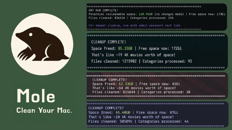 #清理 #macOS #开源 Mole macOS 深度清理工具，集 CleanMyMac + AppCleaner + DaisyDisk + Sensei + iStat 等软件的功能于一体，可以查找并删除缓存、临时文件、浏览器残留文件和垃圾文件，以及应用程序包、启动代理、设置、缓存、日志和残留文件，还支持显示大文件、显示文件夹、重建缓存、清理交换空间、刷新服务，实时状态显示 CPU、GPU、内存、磁盘、网络、电池和代理数据，免费开源