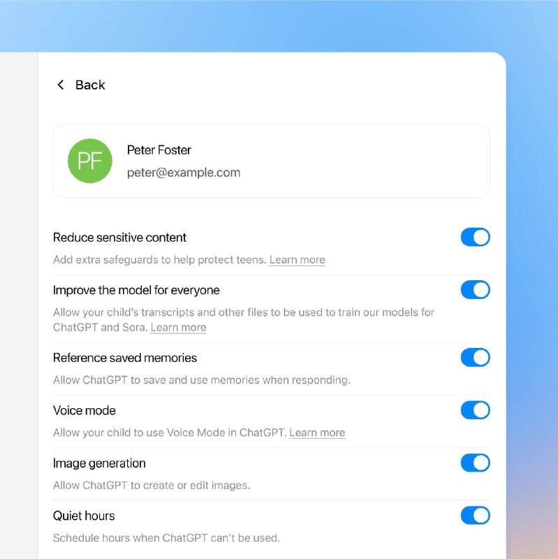 OpenAI 推出「家长控制」功能今天起，所有 ChatGPT 用户都可以开启家长控制，家长可以将自己的账户与青少年的账户关联，并根据需求调节设置，确保提供安全、适合年龄的使用体验