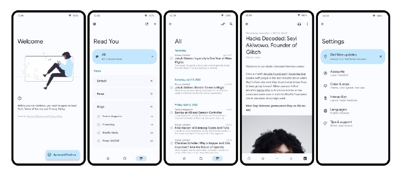 #开源📖Read You - 一个 MD 设计风格的安卓 RSS 阅读软件⏬下载💡Features▫️订阅 RSS 链接▫️导入、导出 OPML 文件▫️文章更新通知▫️沉浸阅读（文章内容去干扰优化）▫️全文解析、支持多账户...📄安卓 RSS 软件可谓是百花齐放，这款体验下来感觉手感和界面非常不错，配合 RSSHbu 食用更佳📮投稿    📢频道    💬群聊