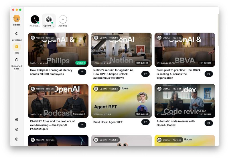 #开源▎VidBee ：免费开源视频下载器，支持 YouTube、TikTok 等 1000 多个平台VidBee 是一款免费开源的视频下载器，支持 YouTube、TikTok、Twitter、Instagram、Facebook、Bilibili 等 1000 多个平台，提供快速、高质量的下载，并支持批量队列和 RSS 自动下载自动化
