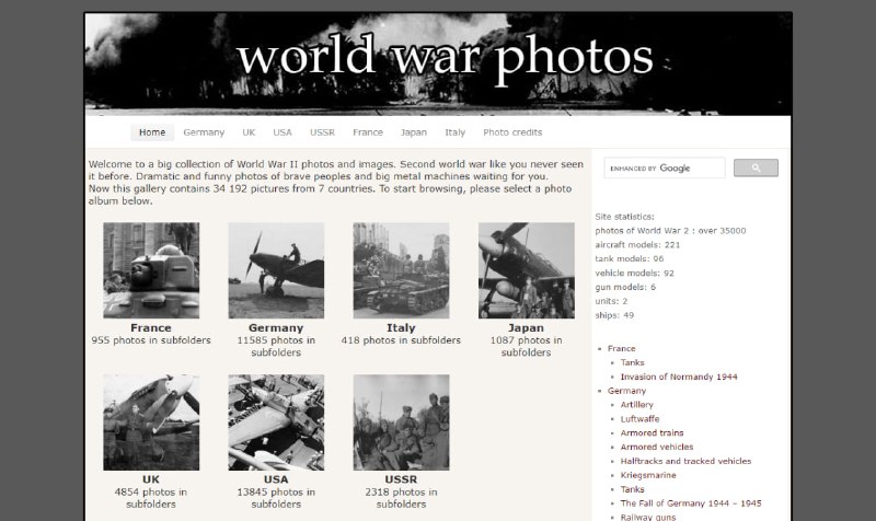#历史 #图片 #web 世界大战照片 网站提供了大量的二战照片，包含 苏联、美国、日本和英法德意 7 个国家，共 34192 张图片，不仅有伤亡照片，也有不少飞机、坦克、车辆、枪支和船的照片