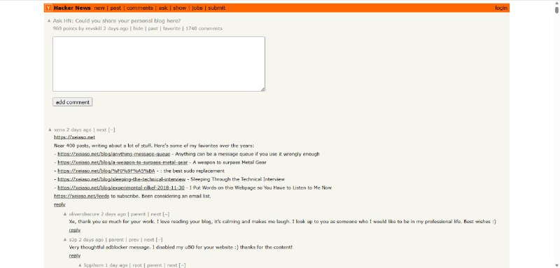 ▎Ask HN: Could you share your personal blog here?今天逛 HackerNews 看到一个很棒的帖子：Ask HN: Could you share your personal blog here?截至写下这条动态，这条帖子下面已经有 1278 条 comments 了，并且这个数字还在不断增长