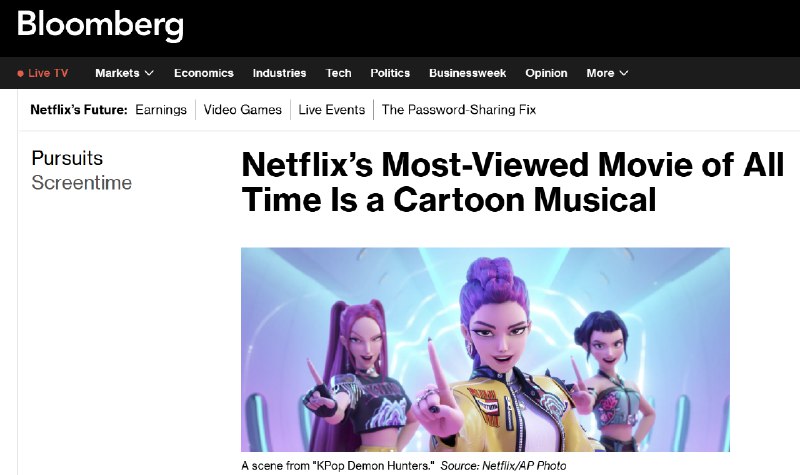 Bloomberg：Netflix史上观看次数最多的电影竟是一部动画音乐剧Netflix公司表示，讲述一个虚构女子演唱团体故事的动画音乐剧《K-POP：猎魔女团》(K-Pop Demon Hunters)，现已成为该流媒体平台有史以来观看次数最多的原创电影