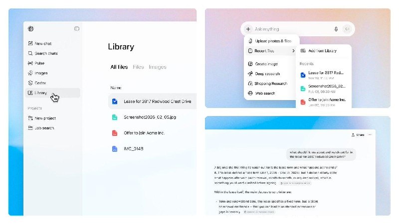 现在，在 ChatGPT 中上传和创建的文件更易于查找、重复使用和在此基础上进行创作您可以在聊天时通过工具栏中的“最近文件”快速调用文件，向 ChatGPT 提问已上传的内容，或在网页侧边栏的新“库”选项卡中查看和浏览所有文件