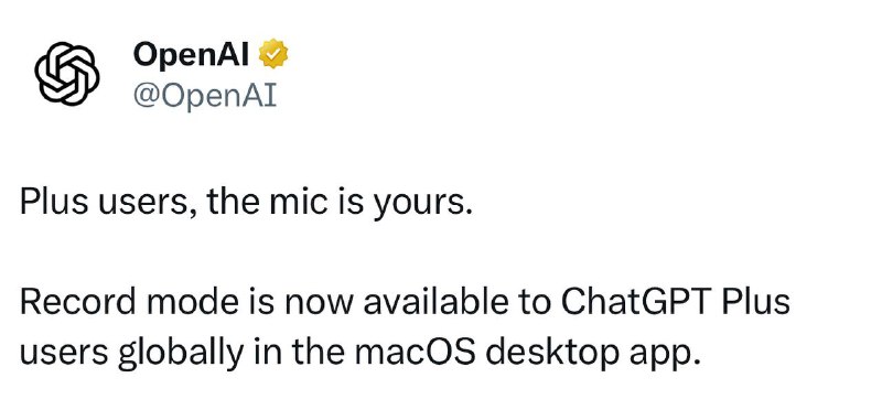 ChatGPT “Record mode”已对 Plus等级用户开放该模式可以捕捉任何会议、头脑风暴或语音笔记