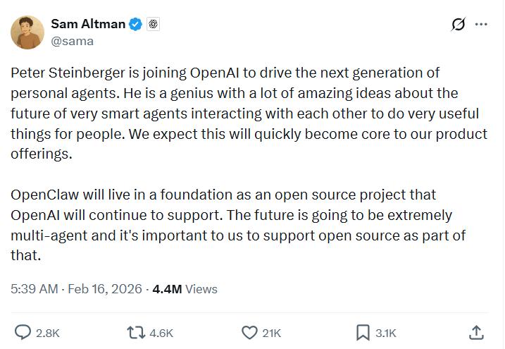 OpenClaw创始人加入OpenAI，Altman直言，Steinberger“是个天才”Peter Steinberger最终拒绝Meta，选择加入OpenAI