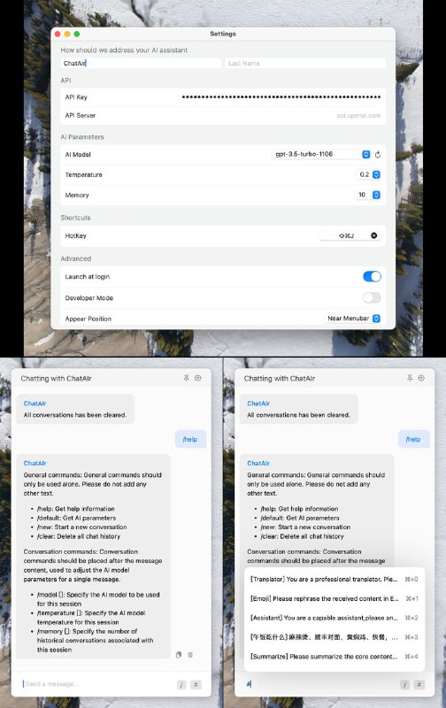 分享一个我在macOS 上使用了蛮久时间的 OpenAI API 客户端，支持全局唤醒快捷键和类似 telegram bot 的指令操作，调用 prompt 和调整参数都蛮方便的，TF 地址：
