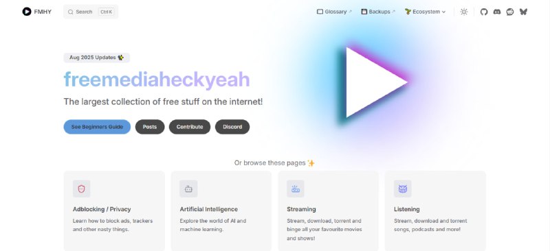 #影视 #资源 FMHY 一个海外资源聚合网站，涵盖电影、电视、动漫、音乐、电台、播客、游戏、软件、书籍漫画、学习课程、开发与系统工具等分类，主打一个免费，类似于国内之前个人整理的导航站，有需要的可以看看，全英文页面
