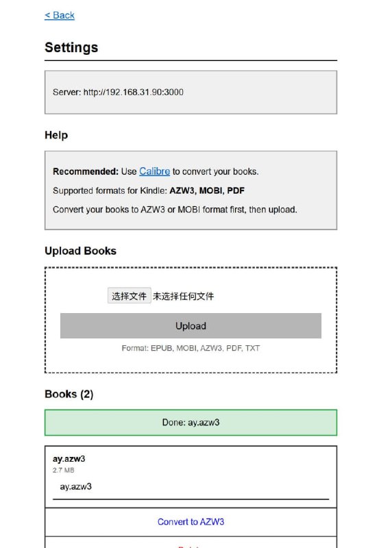 #KIndle #文件传输 #局域网 #开源 Kindler Kindle 书籍局域网传输和转换工具，安装 Node.js 和 Calibre 后即可在 Kindle 上直接下载，支持 EPUB、MOBI、AZW3、PDF、TXT 等书籍格式，通过 Calibre 的 ebook-convert 命令行工具，还可一键将书籍转换为 AZW3 格式，文件名建议使用英文，中文名可能无法正常下载，免费开源